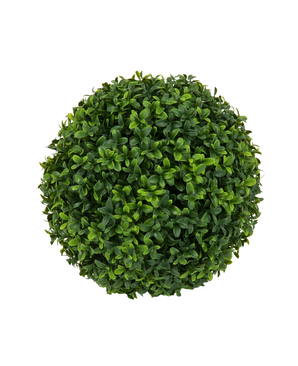 Bovenaanzicht van de Kunstplant Buxus romeinse stijl UV D30cm, een ronde, dichte kunst buxusbol met groene bladeren, tegen een effen witte achtergrond.