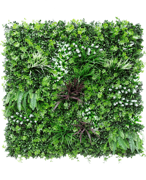 Artificial Hedge Sillage 100x100 cm UV er et firkantet vægpanel med tæt kunstig grønt, med forskellige bregner og løvplanter for en frodig, livlig lodret haveeffekt.