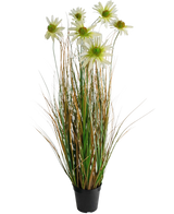 Kunstgræs Chrysanthemum Onion Pot 90cm brandhæmmende er en kunstig plante i en potte med lange grønne og brune græslignende blade, toppet med hvide tusindfryd blomster med et gult hjerte.