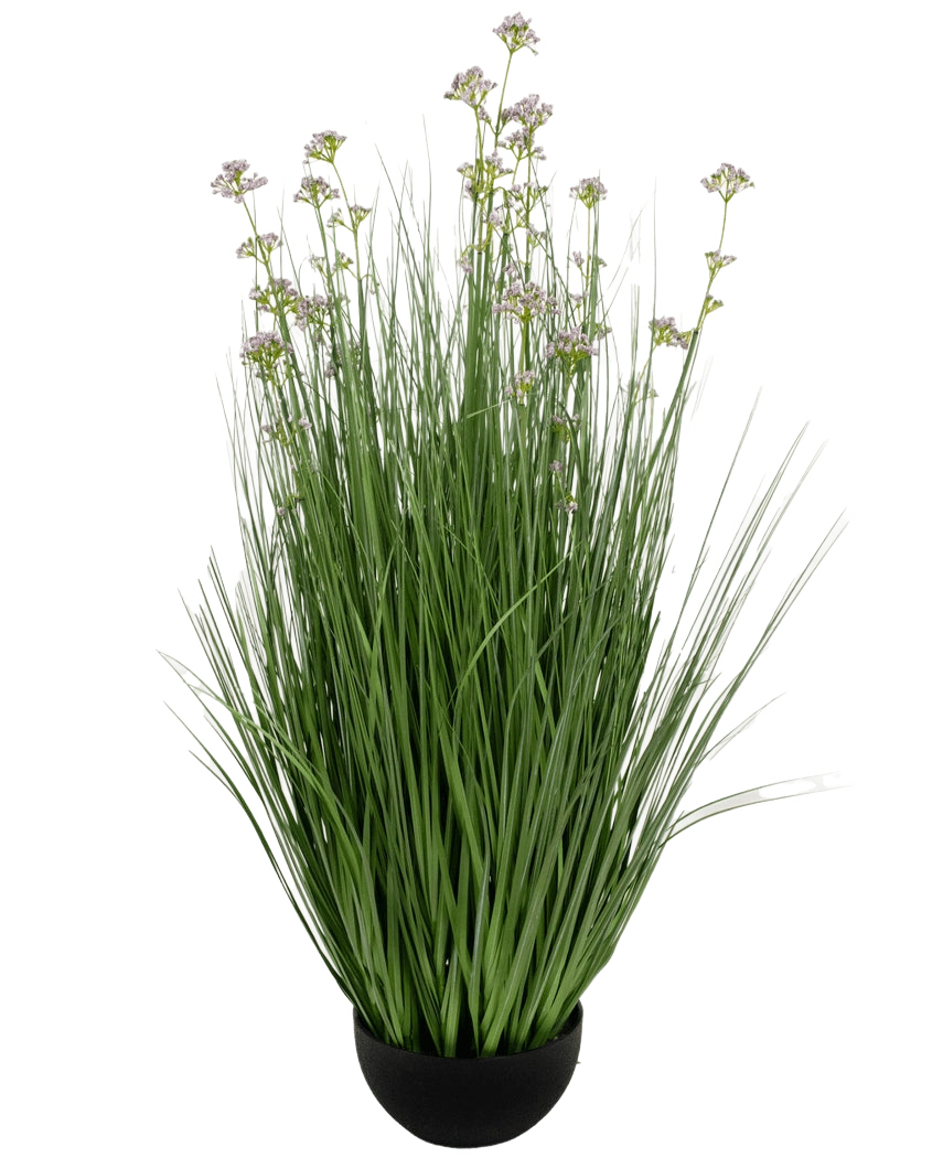 Kunstgræs Porre Blomster Løg Græspotte 100 cm brandhæmmende har en sort potte med høje, tynde grønne kunstige blade og små lilla blomster på lange stængler, mod en hvid baggrund.