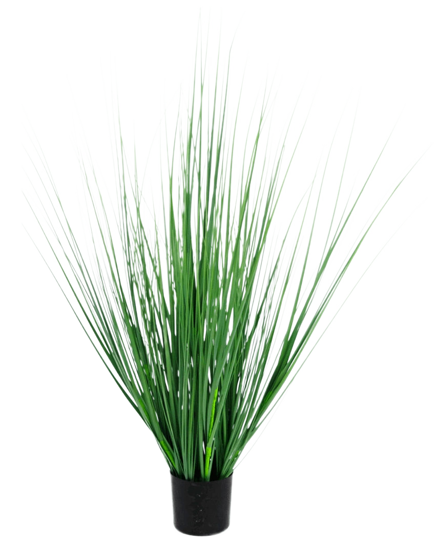 Artificial Grass Plant Onion 100 cm brandhæmmende middel har en sort potte med tætte, opretstående, slanke grønne græslignende blade, perfekt til at tilføje et moderne touch til ethvert rum.