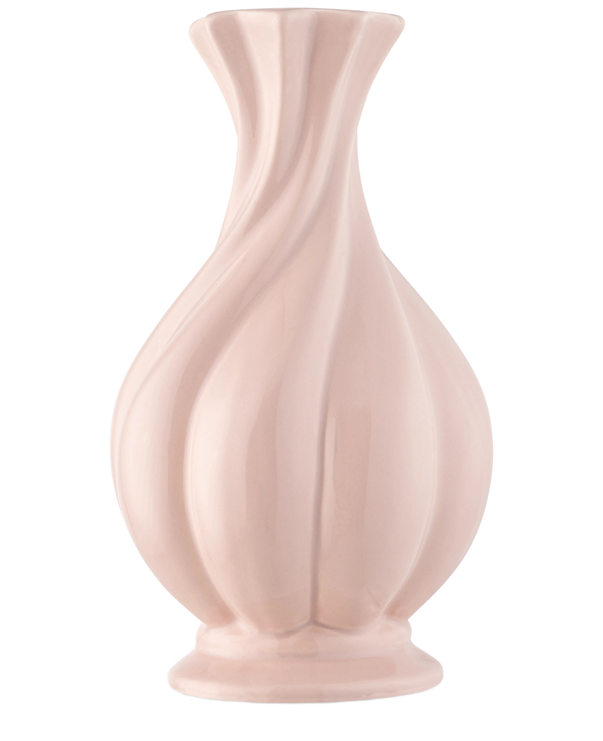 The Vase Little Fairy 26 cm pink er en blank, lys pink keramikvase med en udstrakt kant og skulpturelle hvirvlende riller, ideel til at vise en kunstig silkeblomstbuket. Afbildet mod en almindelig hvid baggrund.