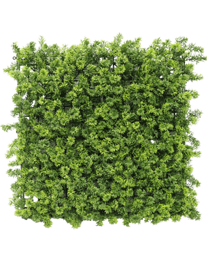 The Artificial Hedge Moss 50x50 cm UV er et tæt firkantet panel af kunstigt grønt løv med små bladgrene, afbildet ovenfra på en hvid baggrund.