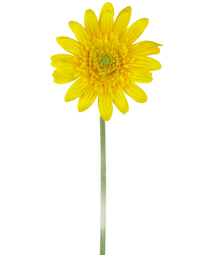 Den Kunstige Blomst Gerbera 53 cm gul er en enkelt gul kunstig tusindfryd med et grønt hjerte og en lang grøn stilk, mod en almindelig hvid baggrund.