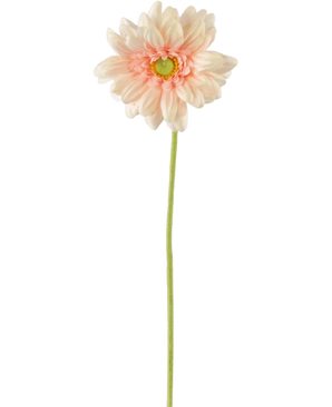 Artificial Flower Gerbera mini 47 cm blød pink er en kunstig lys pink tusindfryd med bløde, lagdelte kronblade og et gult hjerte på en lang grøn stilk, mod en almindelig hvid baggrund.