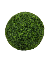 Een dichte, groene, bolvormige Kunstplant Buxus romeinse stijl UV D65cm met kleine blaadjes, geïsoleerd afgebeeld op een effen witte achtergrond.