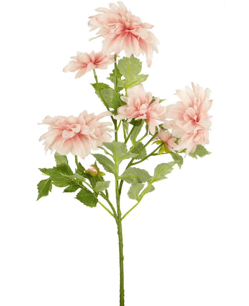 Artificial Flower Dahlia 68 cm pink har en enkelt grøn stilk med flere lys pink dahlia blomster og grønne blade, mod en almindelig hvid baggrund.