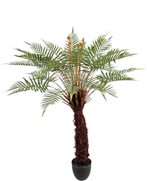 Den kunstige plante Dicksonia 127 cm er en høj bregne i potte med en brun, struktureret stamme og lange, buede grønne blade mod en hvid baggrund.