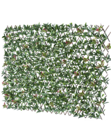 The Artificial Hedge Photonia Extendable 200x100 cm er et rektangulært udtrækbart hegn med kunstige grønne blade og lyserøde blomster, afbildet på en hvid baggrund.