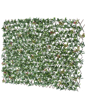 The Artificial Hedge Photonia Extendable 200x100 cm er et rektangulært udtrækbart hegn med kunstige grønne blade og lyserøde blomster, afbildet på en hvid baggrund.