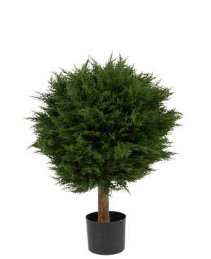 Artificial Plant Conifer Deluxe UV 80 cm har en rund, tæt grøn bladkugle på en enkelt brun stilk, i en sort potte og mod en almindelig hvid baggrund.