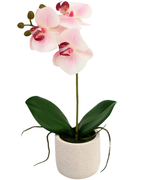 Artificial Orchid Real Touch 30 cm pink/hvid har tre lyserøde blomster og grønne blade i en simpel hvid potte, perfekt til at lyse ethvert rum op.