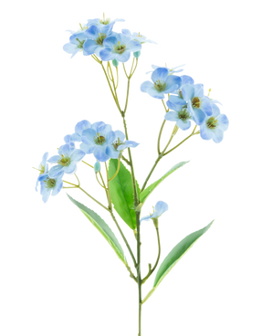 En kunstig blomsterorkidé Real Touch Blue 50 cm med bundter af sarte lyseblå blomster og nogle grønne blade står mod en almindelig hvid baggrund.
