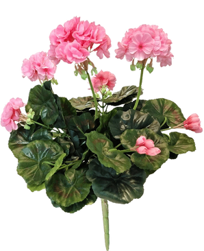 De Kunst Geranium 40 cm roze heeft roze bloesems en ronde groene bladeren op lange stelen, die de schoonheid van een roze kunstplant of nep geranium laten zien tegen een witte achtergrond.