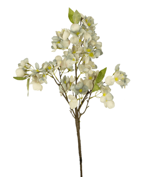 Artificial Flower Blossom 64 cm blå er en enkelt kunstig blomstergren med flere stængler med klynger af små blå blomster og grønne blade mod en almindelig hvid baggrund.