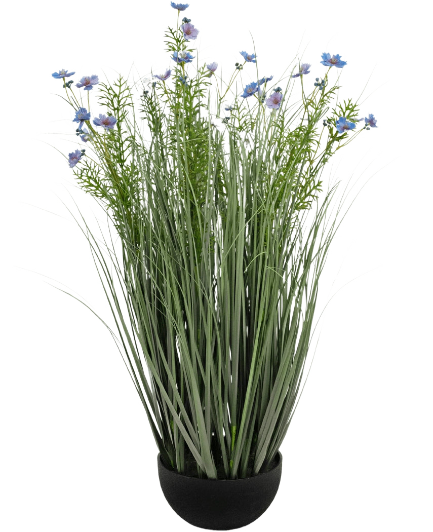 Kunstgræs-lilla Gesang Flower løggræspotte (90 cm, brandhæmmende) har højt, tyndt grønt kunstgræs og sarte lyslilla blomster i en sort potte, mod en hvid baggrund.