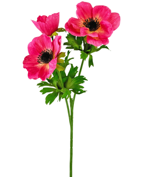 Den kunstige blomsteranemone forgrenet 56 cm pink har en enkelt grøn stilk med tre lyserøde anemoneblomster med et mørkt hjerte og sarte, ru kronblade plus grønne blade mod en almindelig hvid baggrund.