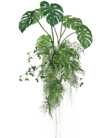 Den kunstige hængeplante Monstera/Fern Ball 100 cm XL har frodige grønne monstera-blade og bregner med lange, slæbende ranker og rødder, perfekt til at tilføje grønt til ethvert rum mod en hvid baggrund.