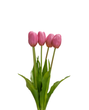 Artificial Tulip Bouquet Real Touch Purple 40 cm har fire lilla tulipaner med realistiske grønne blade og stængler, som står oprejst mod en almindelig hvid baggrund.