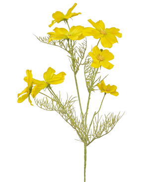 Artificial Flower Cosmos 74 cm gul har lyse gule blomster og sarte, fjergrønne blade på slanke stængler - perfekt til at skabe en buket mod en almindelig hvid baggrund.