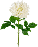 En Kunst Georgine Real Touch hvid 70 cm har en naturtro enkelt hvid dahlia med lagdelte kronblade og grønne takkede blade på en lang stilk, mod en almindelig hvid baggrund.