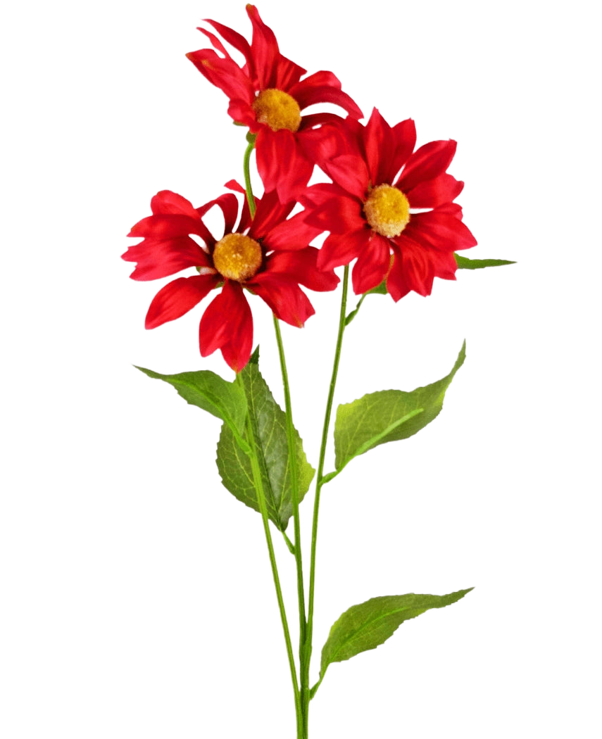 Artificial Flower Daisy 78 cm rød har tre levende røde kunstige tusindfryd med gule hjerter og grønne blade på lange stængler, mod en almindelig hvid baggrund.