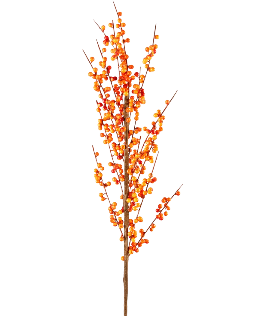 Artificial Branch Ilex 100 cm orange har en enkelt høj gren med mange små orange bær på slanke brune stængler, mod en almindelig hvid baggrund.