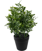 Den kunstige plantedrue 25 cm er en frodig, grøn kunstig plante med tætte, spidse blade i en sort plantekasse mod en almindelig hvid baggrund.
