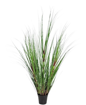 Artificial Gras Plant Onion 120 cm brandhæmmende middel har lange, tynde grønne blade med rødbrune accenter, præsenteret i en potte mod en almindelig hvid baggrund.