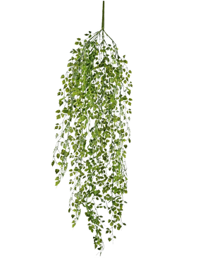 Den kunstige hængeplante mini efeu 91 cm har grønne blade på tynde stængler mod en almindelig hvid baggrund.