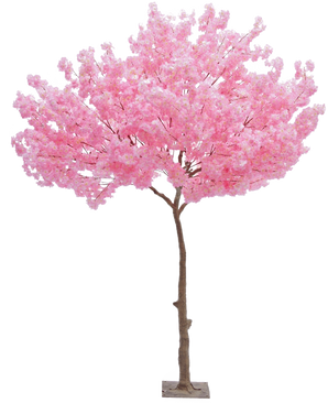 The Artificial Tree Cherry Blossom Pink 270 cm er et højt kunstigt juletræ med en slank brun stamme og tætte klaser af levende lyserøde blomster mod en almindelig hvid baggrund.