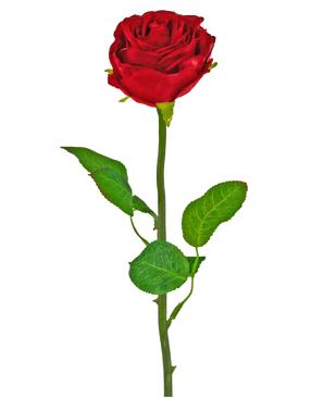 Artificial Flower Rose Classic 54 cm rød er en enkelt rød kunstig rose med en grøn stilk og blade, mod en almindelig hvid baggrund.