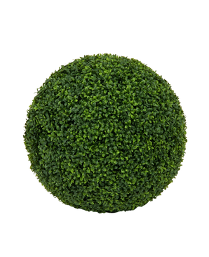 Een dichte, ronde Kunstplant Buxus romeinse stijl UV D55cm vormsnoei van kunstgroene buxusbladeren tegen een effen witte achtergrond.