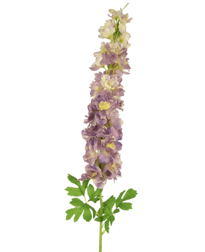 Artificial Flower Delphinium 105 cm lilla er en kunstig stilk af lys lilla og creme delphinium blomster med grønne blade, mod en hvid baggrund.