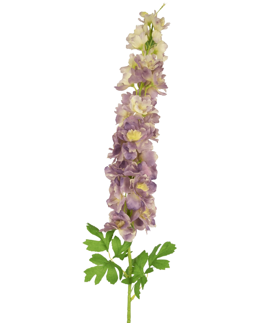 Artificial Flower Delphinium 105 cm lilla er en kunstig stilk af lys lilla og creme delphinium blomster med grønne blade, mod en hvid baggrund.
