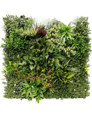 Artificial Hedge Prestiage 100x100 cm UV er et tæt lodret havepanel med forskellige grønne planter og løv i et firkantet arrangement, med forskellige bladformer, størrelser og grønne nuancer.