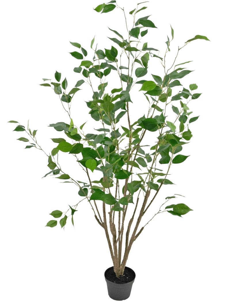 Den kunstige planteficus 120 cm er en høj kunstig plante i en potte med flere slanke brune stængler og frodige grønne blade, i en kompakt sort potte mod en almindelig hvid baggrund.