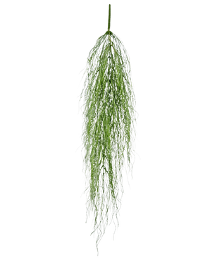 De Kunst hangplant Kelp gras 91 cm heeft een enkele stengel van donzig groen kunstloof met lange, dunne bladeren die sierlijk neervallen tegen een effen witte achtergrond.