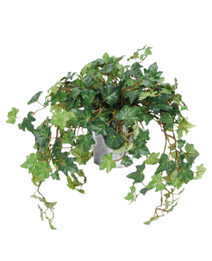 Artificial Ivy Deluxe green i potte 40 cm UV har frodige, grønne, hjerteformede blade og lange, snoede ranker, der vokser ud over krukkens sider. Afbildet mod en almindelig hvid baggrund.