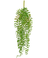 Den kunstige hængeplante Pumila 89 cm har små, ovale grønne blade på flere hængende stængler, mod en almindelig hvid baggrund.