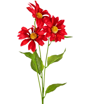 Artificial Flower Daisy 78 cm rød har tre levende røde kunstige tusindfryd med gule hjerter og grønne blade på lange stængler, mod en almindelig hvid baggrund.