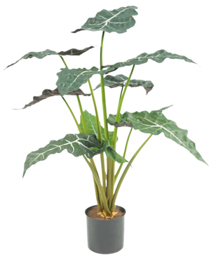 Den kunstige plante Alocasia UV 67 cm er en kunstig potteplante med store, mørkegrønne, pilformede blade og slående hvide årer, afbildet mod en almindelig hvid baggrund.