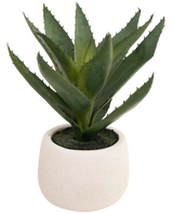Den kunstige plante Aloe Vera 28 cm kommer i en enkel, rund potte lavet af hvid keramik, med naturtro grønne, spidse blade mod en almindelig hvid baggrund.