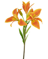 Den kunstige blomst asiatisk lilje 66 cm orange har en enkelt stilk med tre åbne orange liljer, en uåbnet knop og grønne blade mod en lys baggrund.