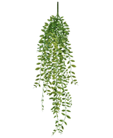 Den kunstige hængeplante sukkulentplante 76 cm har grønne blade og tynde stængler mod en almindelig hvid baggrund.