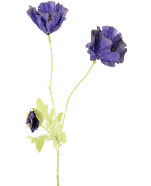 Den kunstige blomstervalmue 73 cm har tre sarte lilla blomster - to åbne, en delvis lukket - med lysegrønne stængler og blade, mod en almindelig hvid baggrund.