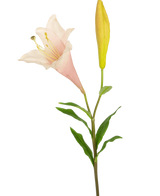 Den kunstige blomst eksotiske lilje 74 cm pink har en enkelt stilk med en blomstrende lys pink lilje og en lukket gul knop, omgivet af slanke grønne blade, mod en hvid baggrund.