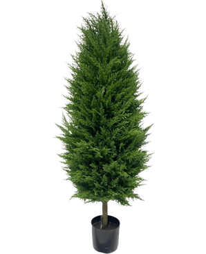 Artificial Plant Conifer deluxe UV 120 cm har tætte, lyse grønne blade og står oprejst i en sort plastikbeholder, perfekt til enhver kunstig plantehave. Inkluderer UV-beskyttelse for varig skønhed mod en almindelig hvid baggrund.