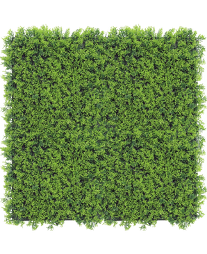Kunstig hæk Cupressus 50x50 cm UV: Et tæt, levende grønt kunstigt hækpanel set fra oven på en hvid baggrund, ideel til at skabe realistiske plantevægge.