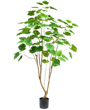 Den kunstige planteficus 180 cm er en høj stueplante i potte med flere slanke brune stængler og store grønne blade, afbildet på en almindelig hvid baggrund.